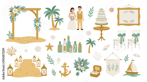 Tropical Beach Wedding Elements Collection with Groom and Bride Decor and Accessories