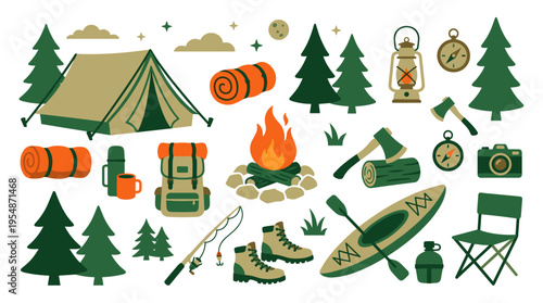 Camping and outdoor adventure equipment set with tent bonfire and hiking gear icons