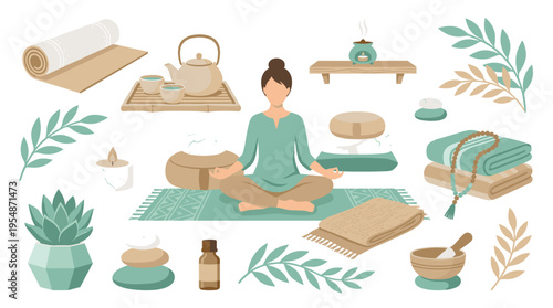 Yoga and Meditation Lifestyle Elements Set with Woman Practicing Mindfulness