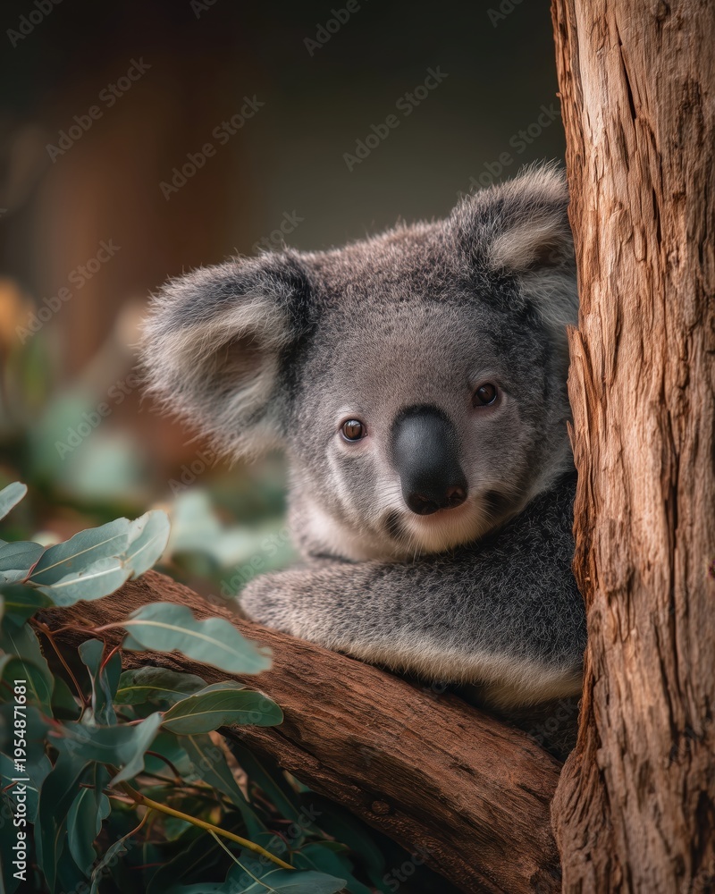 Fototapeta premium Koala peeking from behind a eucalyptus tree trunk in its natural habitat