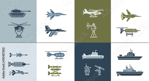 Military and Defense Icons Set - Flat Vector Illustrations of Tanks, Jets, Submarines, and Navy Ships for Infographics and Security Concepts