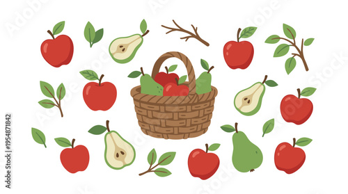 Pixel Art Fruit Basket with Apples and Pears Collection