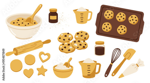 Baking ingredients and tools set for making chocolate chip cookies