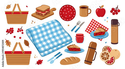 Picnic elements set with basket food and blanket