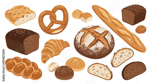 Assorted fresh bakery products collection including bread loaves rolls and pastries