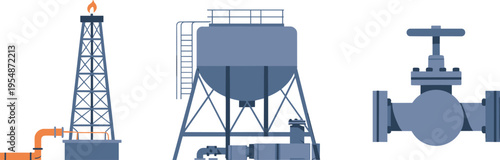 Oil and gas industry vector illustration with drilling rig storage tank valve pipeline petroleum engineering energy production industrial technology concept