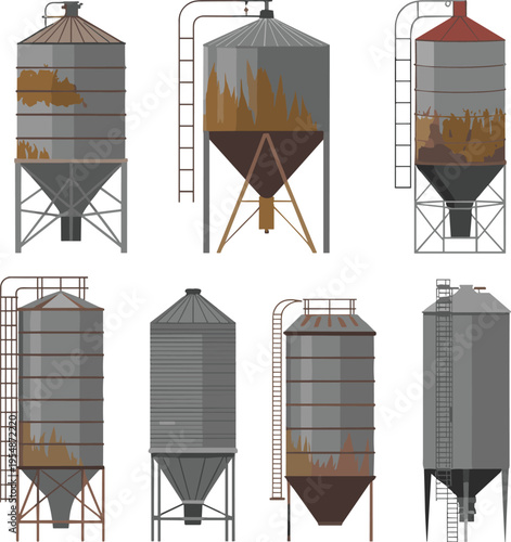 Rusty grain silo collection vector illustration featuring metal storage tanks agricultural farm equipment weathered containers rural industry structures set
