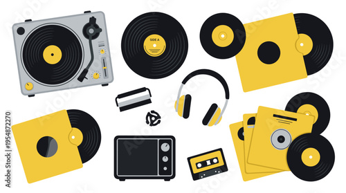 Retro music equipment collection with vinyl records and audio gear