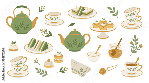 Afternoon Tea Party Elements Set with Teapots Cups Sandwiches and Sweets