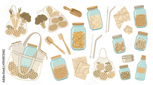Zero waste lifestyle elements collection with reusable bags glass jars and sustainable kitchen tools