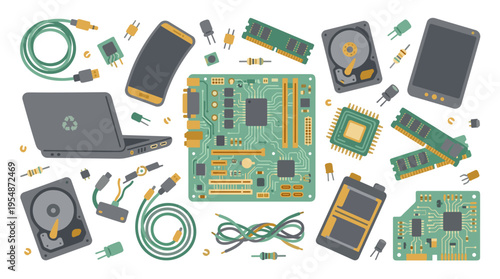 Computer hardware components and electronic parts flat illustration set