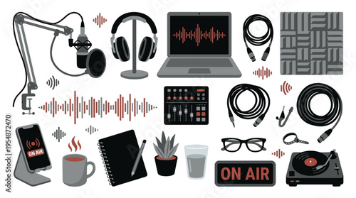 Podcast and Radio Studio Equipment Set with Audio Recording Tools