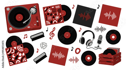 Music collection set featuring vinyl records turntable and audio equipment in red and black