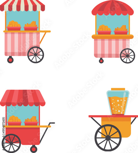 Street food carts vector illustration featuring snack stalls mobile vendors fries and juice carts colorful outdoor market equipment collection
