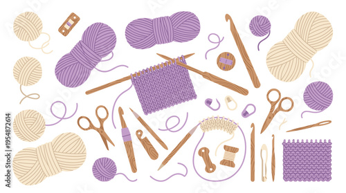 Knitting and Crochet Tools Collection with Yarn Skeins and Needles