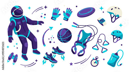 Astronaut and various sports equipment icons set