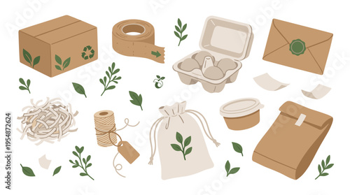 Eco friendly sustainable packaging collection with cardboard boxes and natural materials