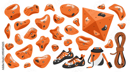 Rock climbing holds set with shoes chalk bag and rope for indoor bouldering gym equipment