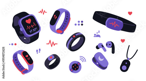 Collection of modern wearable health tracking devices and smart fitness technology gadgets