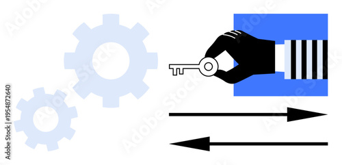 Data protection, cybersecurity, encryption, access control, identity management, secure transactions. A hand holding a key next to gears and directional arrows. Data protection and cybersecurity