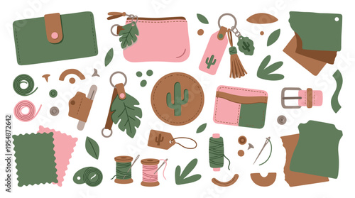 Handmade leather craft accessories set with sewing tools and finished goods