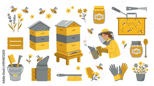 Beekeeping equipment collection with bees hives honey and beekeeper