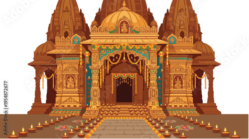 Digital illustration of an ornate Hindu temple with intricate carvings and colorful decorations against a white background.
