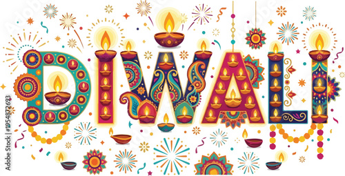 Vibrant Diwali graphic with colorful patterns and traditional Indian lamps on a white background, conveying a festive and celebratory mood with bright hues.