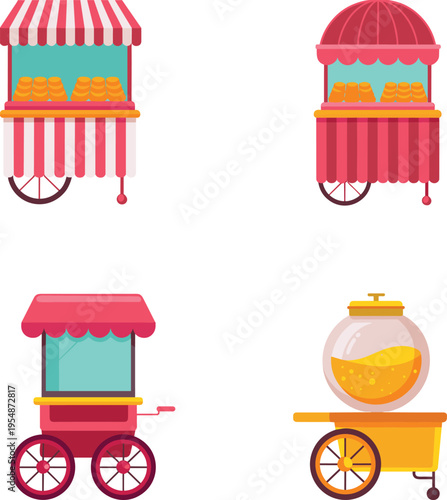 Street food carts vector illustration with snack stalls mobile vendors pastry and juice carts colorful outdoor market equipment collection