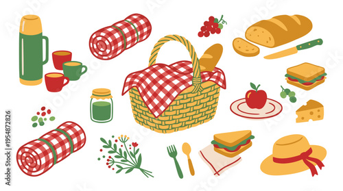 Picnic elements set with basket food and accessories
