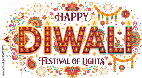 Colorful Diwali Festival of Lights greeting with intricate designs and patterns on a vibrant background.