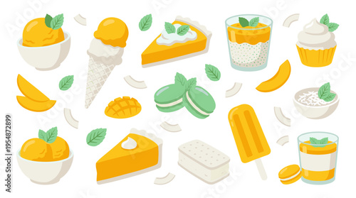 Set of mango and coconut desserts and sweet treats collection