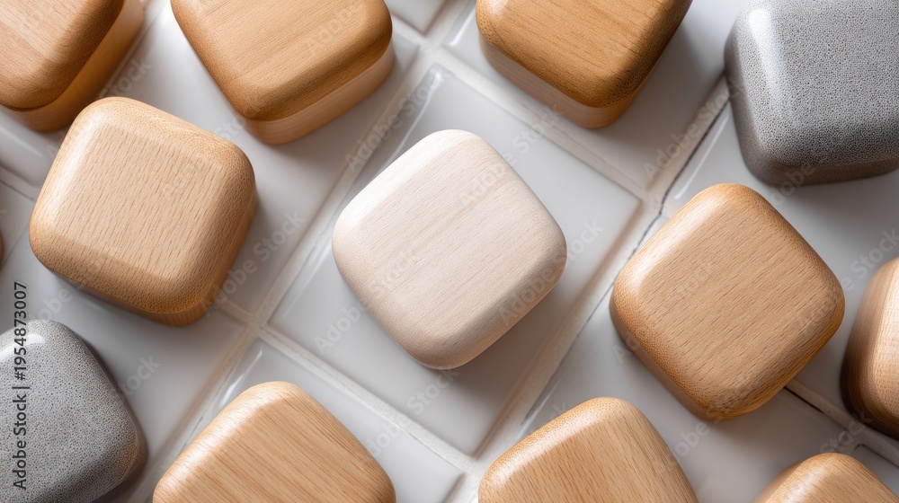 Fototapeta premium Wooden blocks of various shapes are placed on a light wood square tile background. This setup can be used for decoration and design ideas