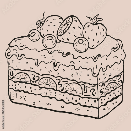 Boutique Hand-Drawn Layered Berry Cake Illustration. Artisan Sponge Cake Vector for Gourmet Wedding Menus and Patisserie Branding
