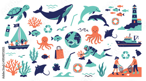 Ocean conservation and marine life icons set with sea creatures and environmental cleanup