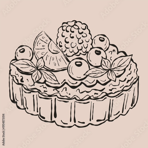 Artisan Hand-Drawn Berry Celebration Cake Illustration. Round Fruit Tart Vector for Boutique Patisserie Branding and Birthday Graphics