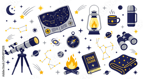 Stargazing and Astronomy Equipment Collection with Telescope and Star Maps