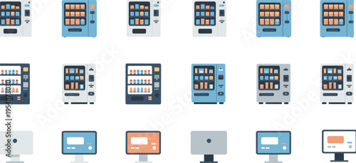 Vending machine and digital display collection vector illustration featuring snack drink dispensers screens modern retail technology equipment isolated set