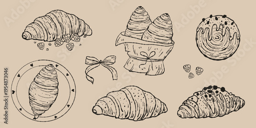 Artisan French Croissant and Patisserie Illustration Set. Hand-Drawn Pastry Vector for Cafe Branding and Gourmet Bakery Graphics