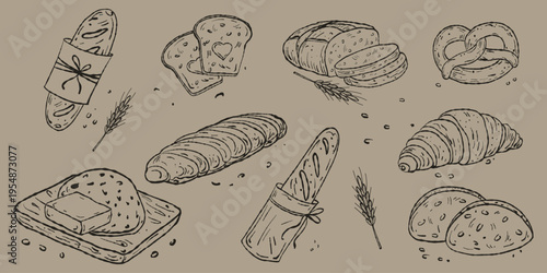 Rustic Hand-Drawn Bread and Bakery Illustration Set. Artisan Sourdough, Baguette, and Croissant Vector for Farm-to-Table Bakery Branding