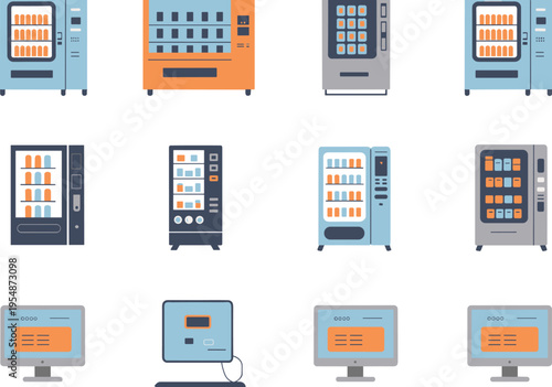 Vending machines and digital screens vector illustration set featuring snack drink dispensers display monitors retail technology equipment modern collection