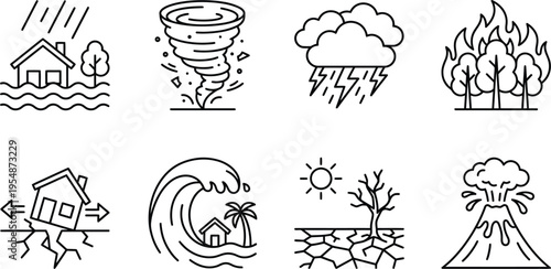 Set of 12 disaster and emergency icons representing natural calamities and support services vector

