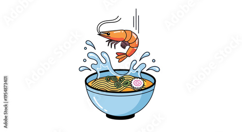 Shrimp jumping into noodle soup bowl.