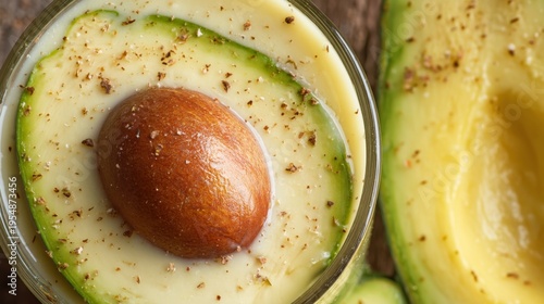 Fresh Avocado Halves with Creamy Smooth Topping Garnished with Spices Sitting on a Rustic Wooden Surface for Healthy Culinary Inspiration