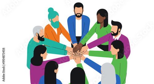 Diverse people joining hands together.