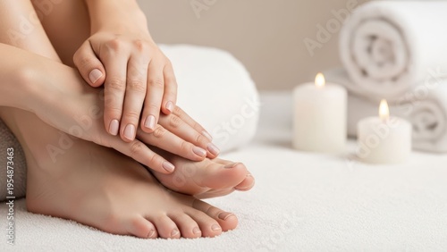 Well-manicured feet and hands near candles and rolled towels