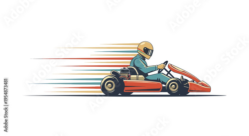 Man in racing kart wearing helmet.
