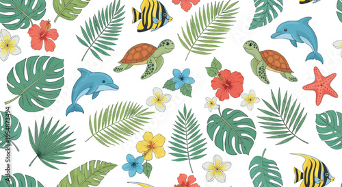 Tropical sea creatures and leaves pattern.