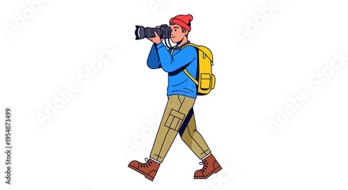 Man walking with camera and backpack.