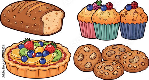 Bakery food set with bread fruit tart muffins cookies and sweet pastries colorful detailed vector illustration collection